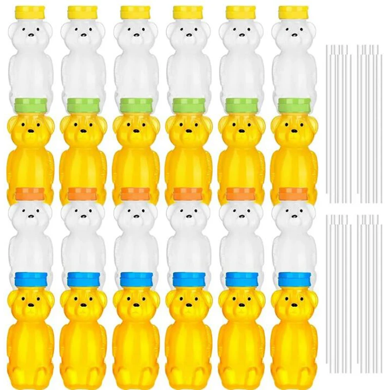 24Pc 8oz Honey Jar Plastic Empty Honey Bear Bottle with Straws Empty Honey Squeeze Bottle Bear Shaped Containers for Honey Juice