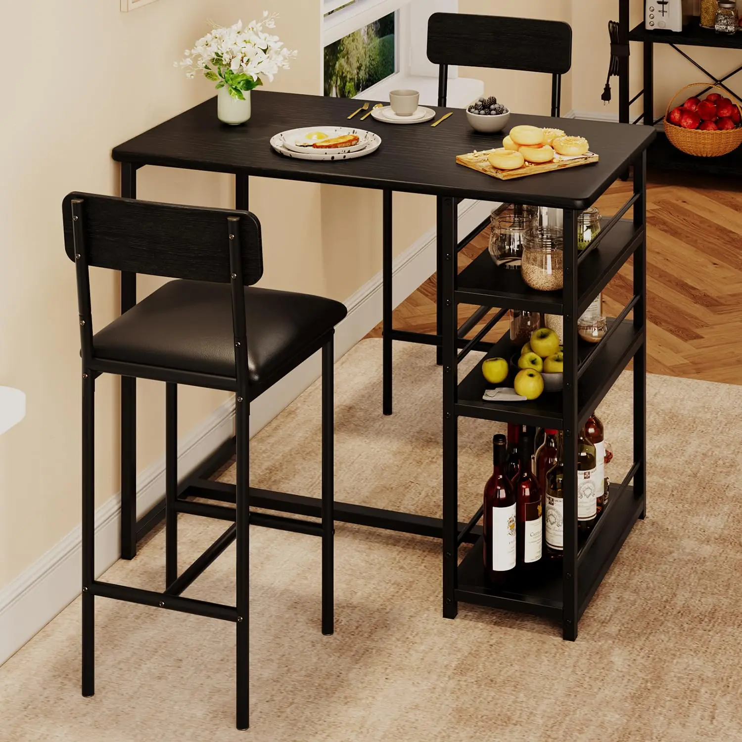 

3-Piece Counter Height Dining Set With 2 Bar Stools And Storage Shelves For Compact Kitchens And Apartments