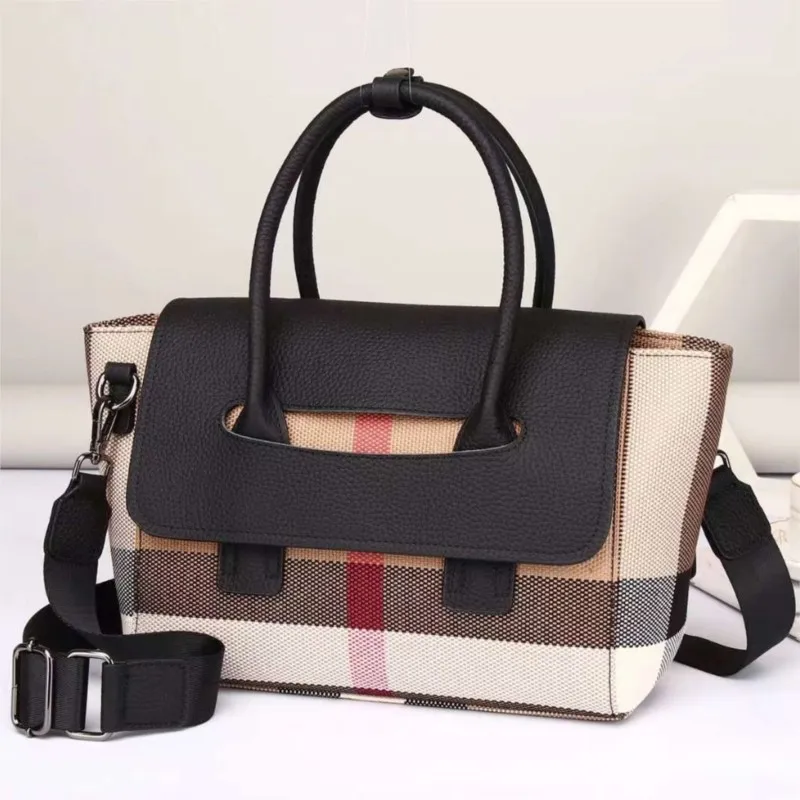 2023 New Leather+Canvas Handbag Vintage Stripe Checked Shoulder Bag Handbag Women's Light Luxury Casual Crossbody Bag