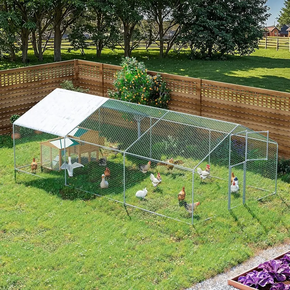 

Large Metal Chicken Coop,19.7x9.8x6.4 FT Chicken Run for Yard with Waterproof & Anti-UV Cover,Walk in Chicken Pen with Feeding D