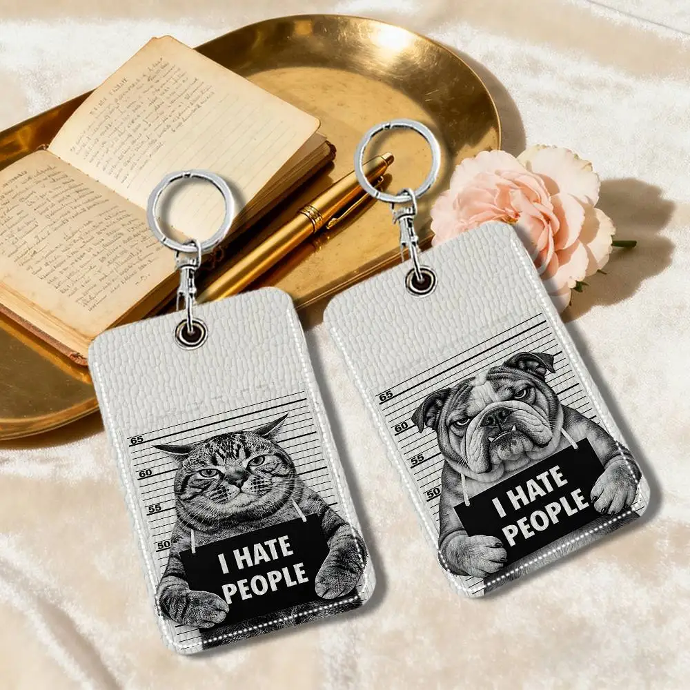 Animal Hate Humans Keyring Leather Access Card Holder Keychain Community Proximity Card Protective Case