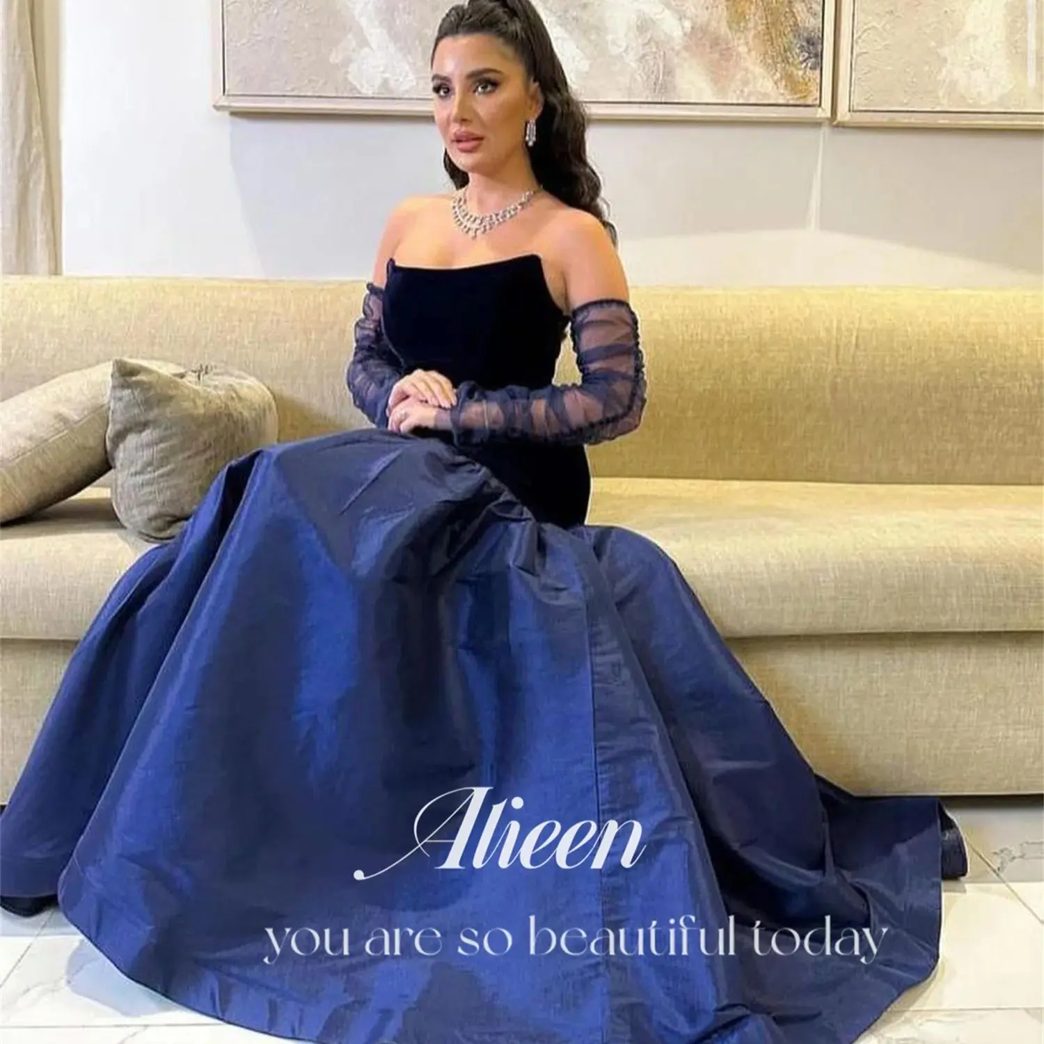 Aileen Navy Blue Fish Tail Velvet Party Dresses Woman Women\'s Evening Dress Gown Elegant Prom Wedding customized Graduation