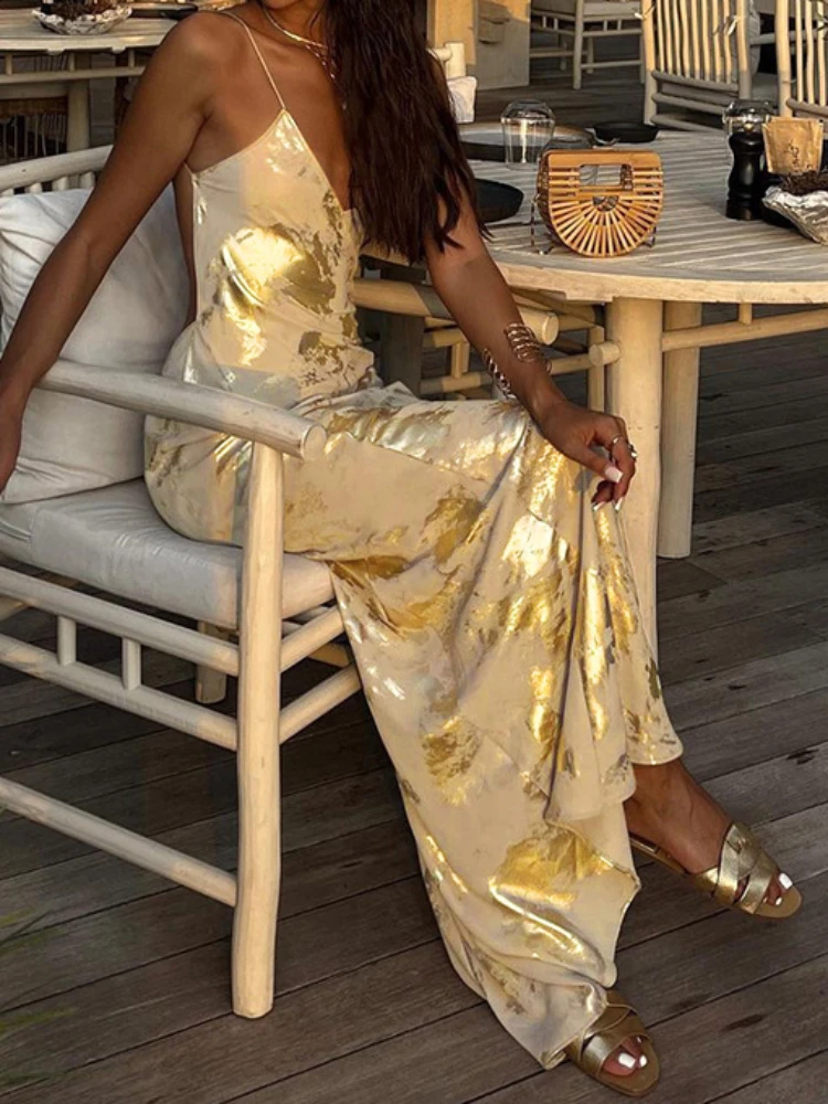 Sexy Spaghetti Strap V Neck Gold Stamping Bodycon Maxi Dress Women Backless Sleeveless Long Dress Evening Club Party Vestidos