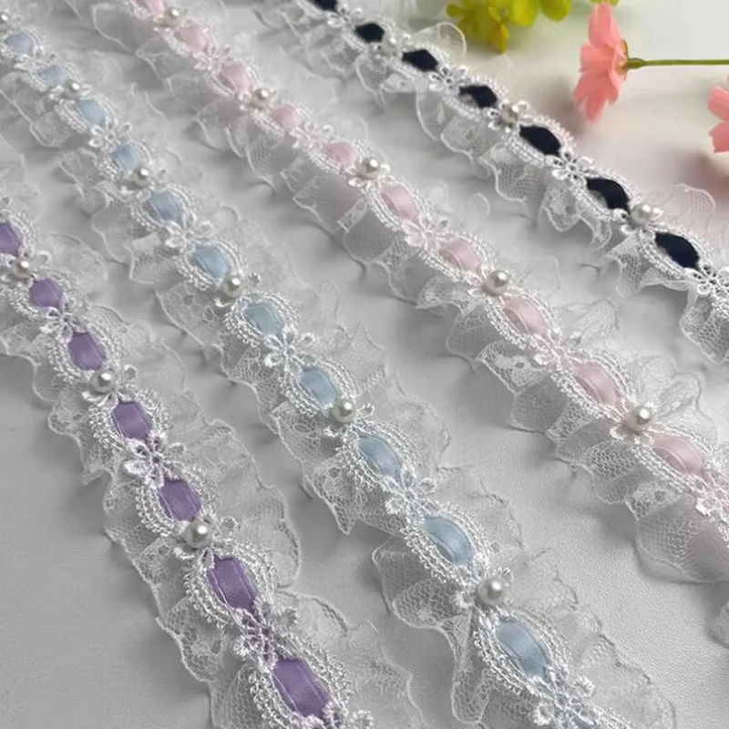 Adorno de encaje de Lolita de 1 yarda con cuentas de marfil, cinta de satén con volantes de 3cm de ancho para ropa DIY, vestido, cortina, decoración de muebles