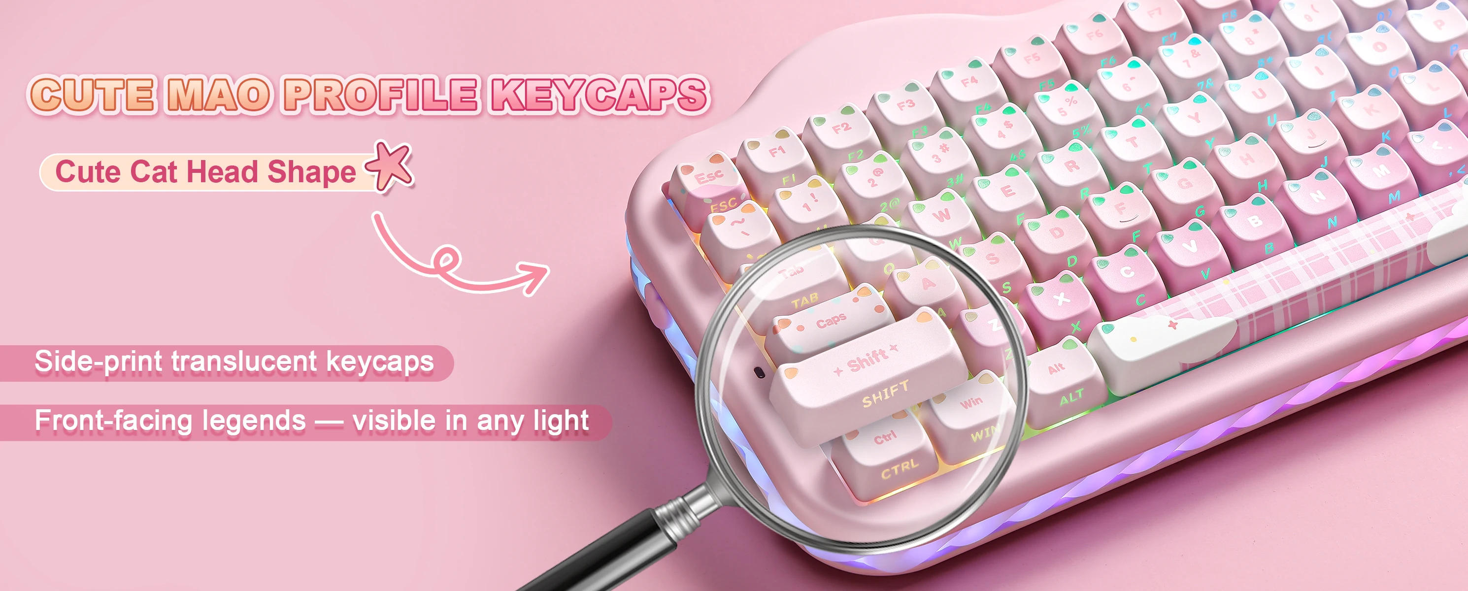 YUNZII C75 MAO Edition Mechanical Keyboard,Cute Ear Translucent Keycap,Wireless 75% NKRO Keyboards,RGB Cake Design for Win/Mac