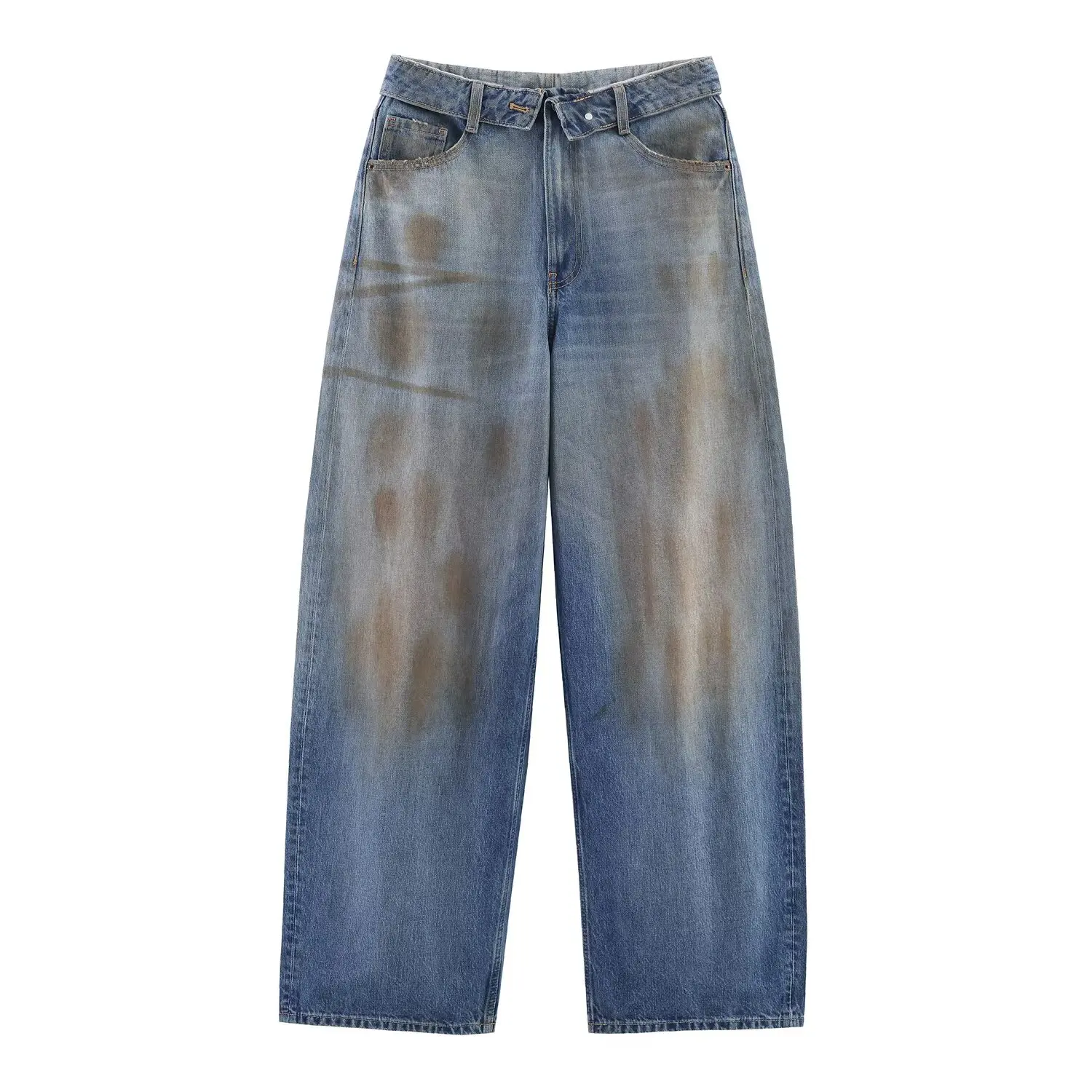 Fashionable Mid-Rise Cuffed Denim Jeans Women's Casual Pants High Waist Wide Leg Polyester Fiber Ladies Summer New Style