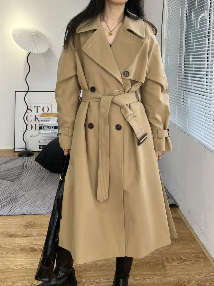 High-end 100% Cotton Double Breasted Trench Women Loose Temperament Lapel Lace-up Mid-length Windbreaker Female Spring Autumn