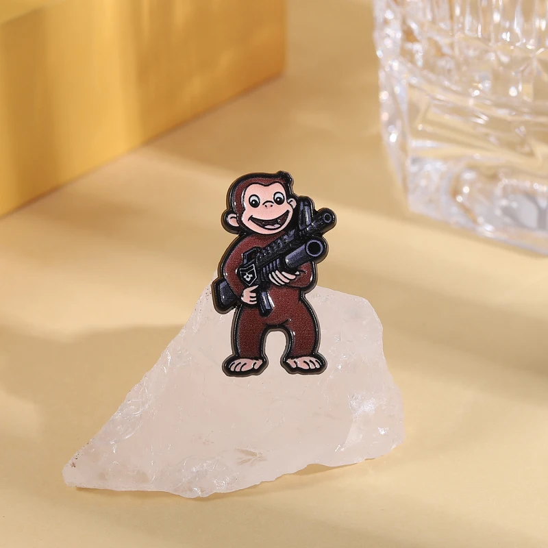 Custom Toy Guns Brooches Cartoon Monkey Warrior Enamel Pins Lapel Badges Clothes Animal Jewelry Gift for Kids Friends