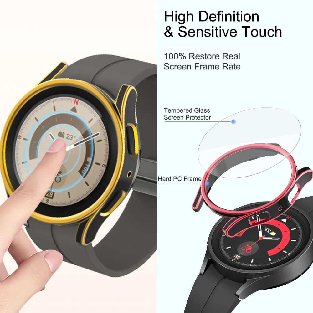 Tempered Glass+Case for Samsung Galaxy Watch 4/5/5pro 40mm 44mm 45mm PC Hard Hollow Frame Protective Bumper+Anti-Scratch Film