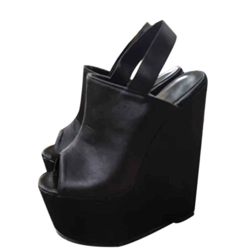 

SHOFOO shoes Fashionable women's high-heeled sandals. About 20cm heel height Wedges sandals. Black Satin Summer Women's Shoes.
