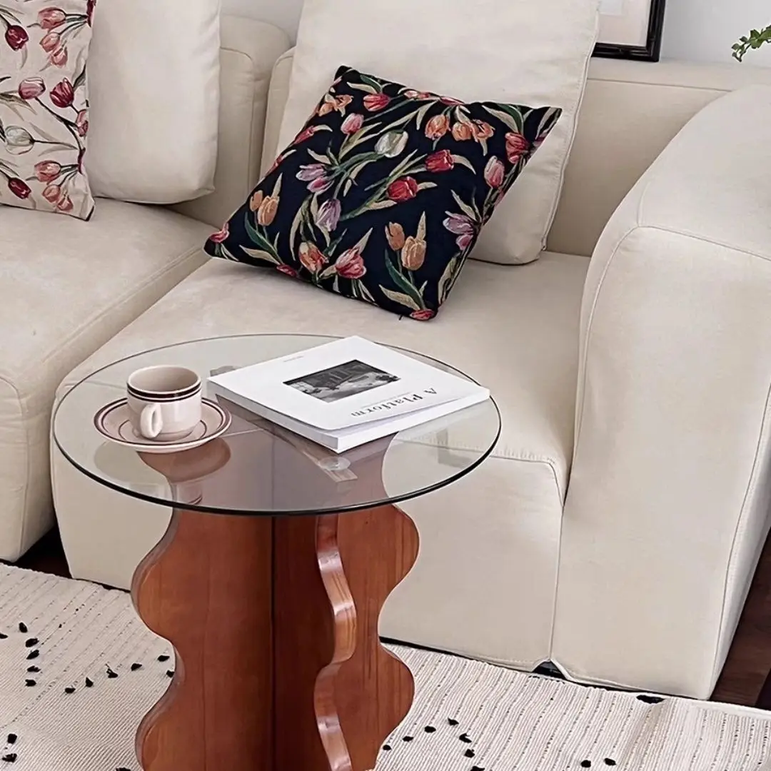 Table Basse en Bois Massif, Table d'Appoint de Canapé, Petite Table d'Appoint Ronde, Table de Lecture de oral et, Verre Brun Médiéval