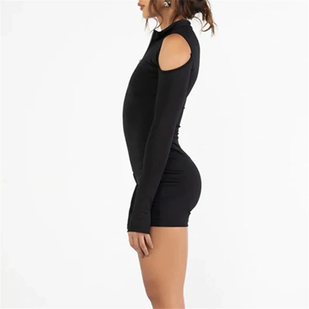 Mono negro Sexy Otoño/Invierno ajustado para mujer mono con cremallera acanalada sexy y2k ropa de manga larga de moda para mujer