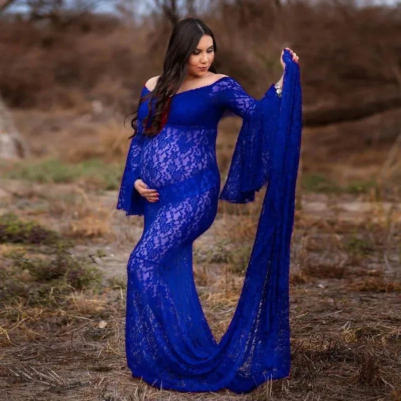 European and American Women's V-Neck Flared Long Lace Extra-Long Train Maternity Flowy Maxi Dress Photography Dress