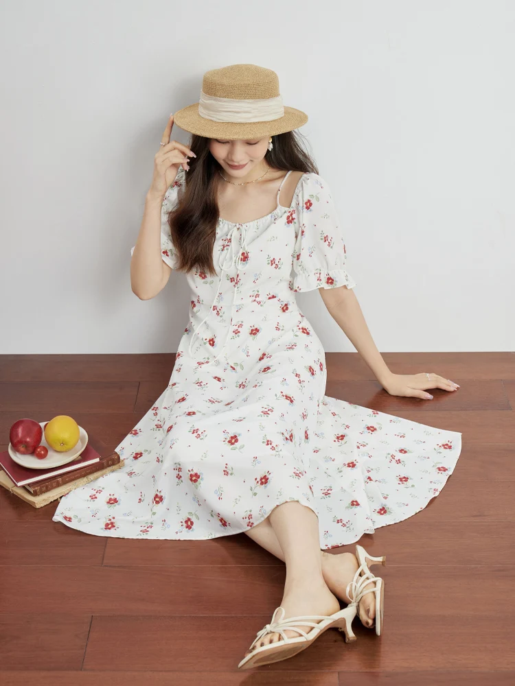 DUSHU High-end Sense of Small Floral Hanging Shoulders Dress for Women Summer 2023 Niche Style Printing A-Line Dress Female