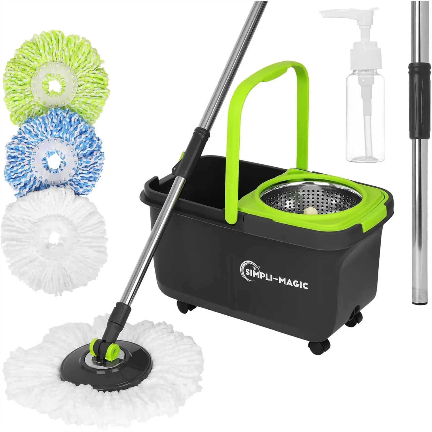 

360° Spin Mop and Bucket with Wringer, 3 Washable Microfiber Heads, Soap Dispenser, Stainless Steel Handle, Easy Moving Wheels