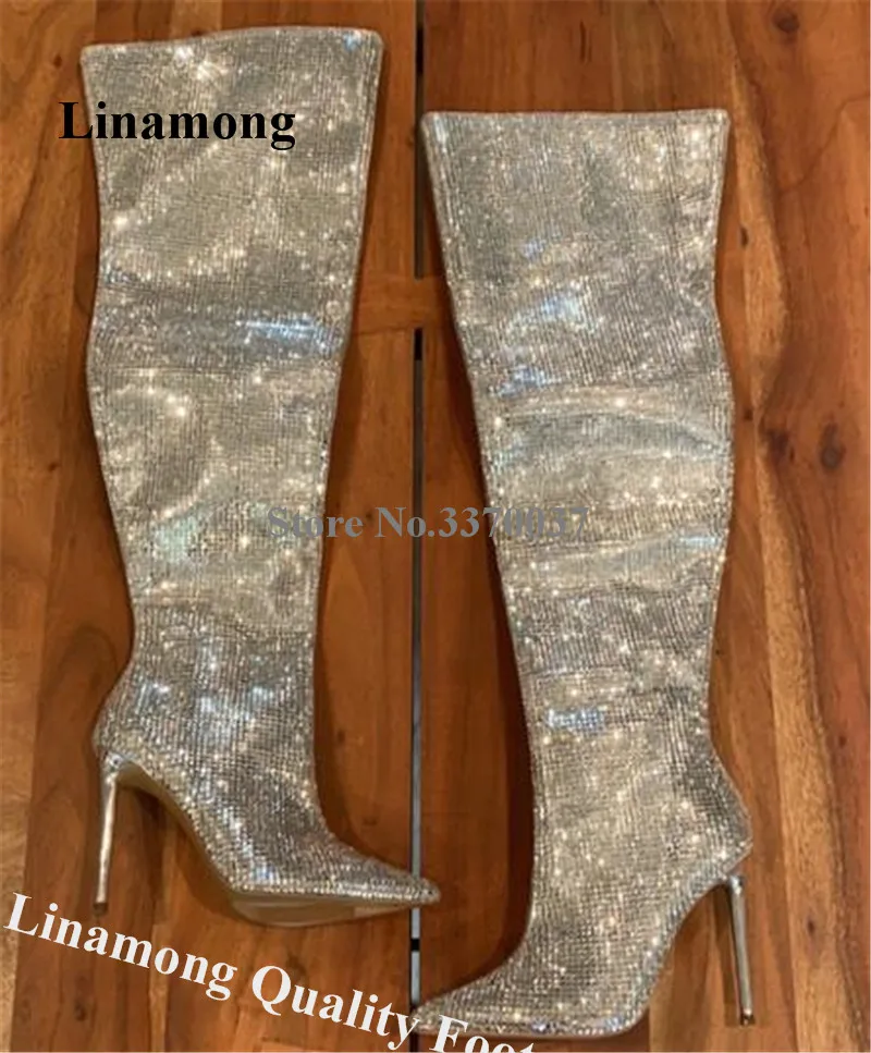 Luxurious Silver Rhinestones Long Boots Linamong Bling Bling Pointed Toe Over the Knee Stiletto Heel Boots Shining Wedding Heels