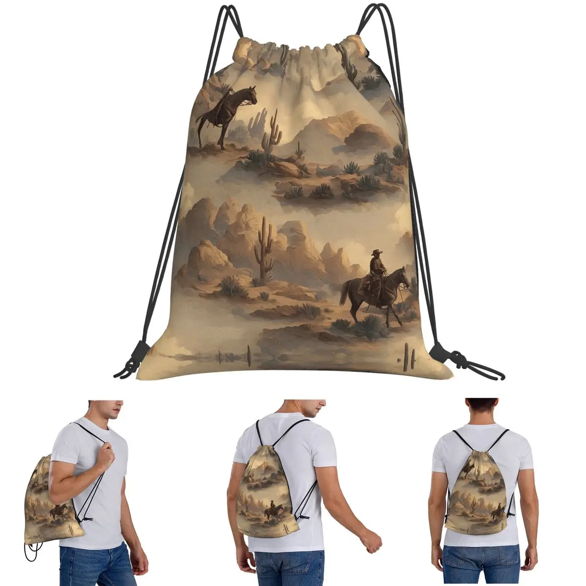 

Cowboy In Desert Western Landscape Pattern Backpacks Casual Drawstring Bags Sports Bag Book Bags for Man Woman School
