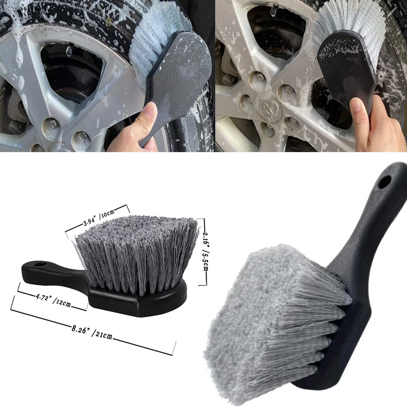 Car Tire Brush Gray Short Handle Wheel Wash Brush Round Steel Wire Long Hair Hard And Soft Brush Wire Car Cleaning Tools