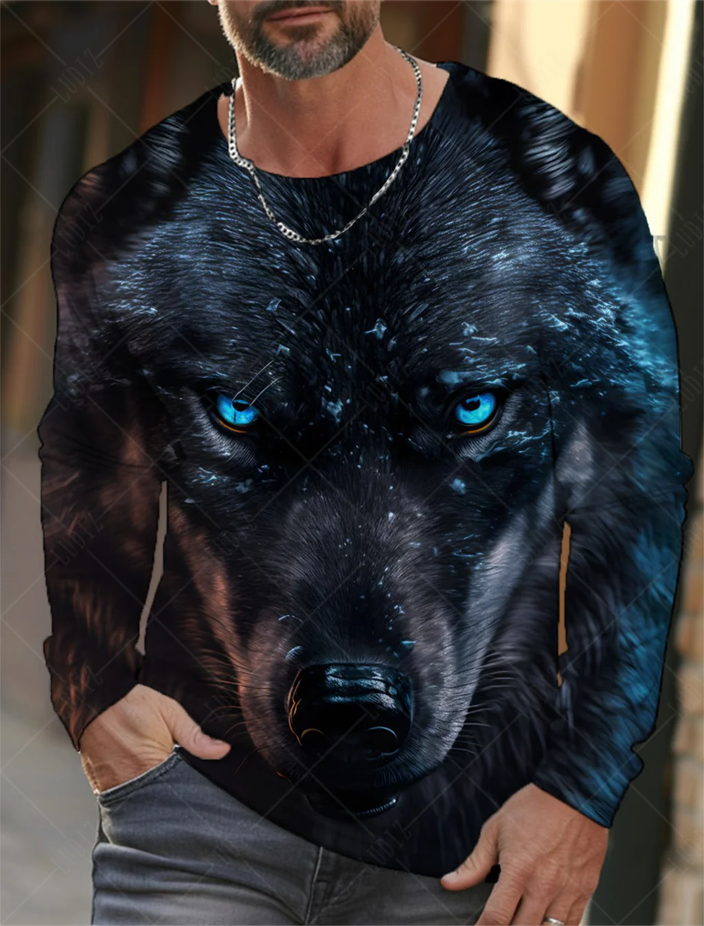 Vintage Men\'s Long Sleeve T-Shirt 3d Print Shirts Fashion Animal Wolf Graphics Clothing Sleeve Tops Men Oversized Streetwear Top