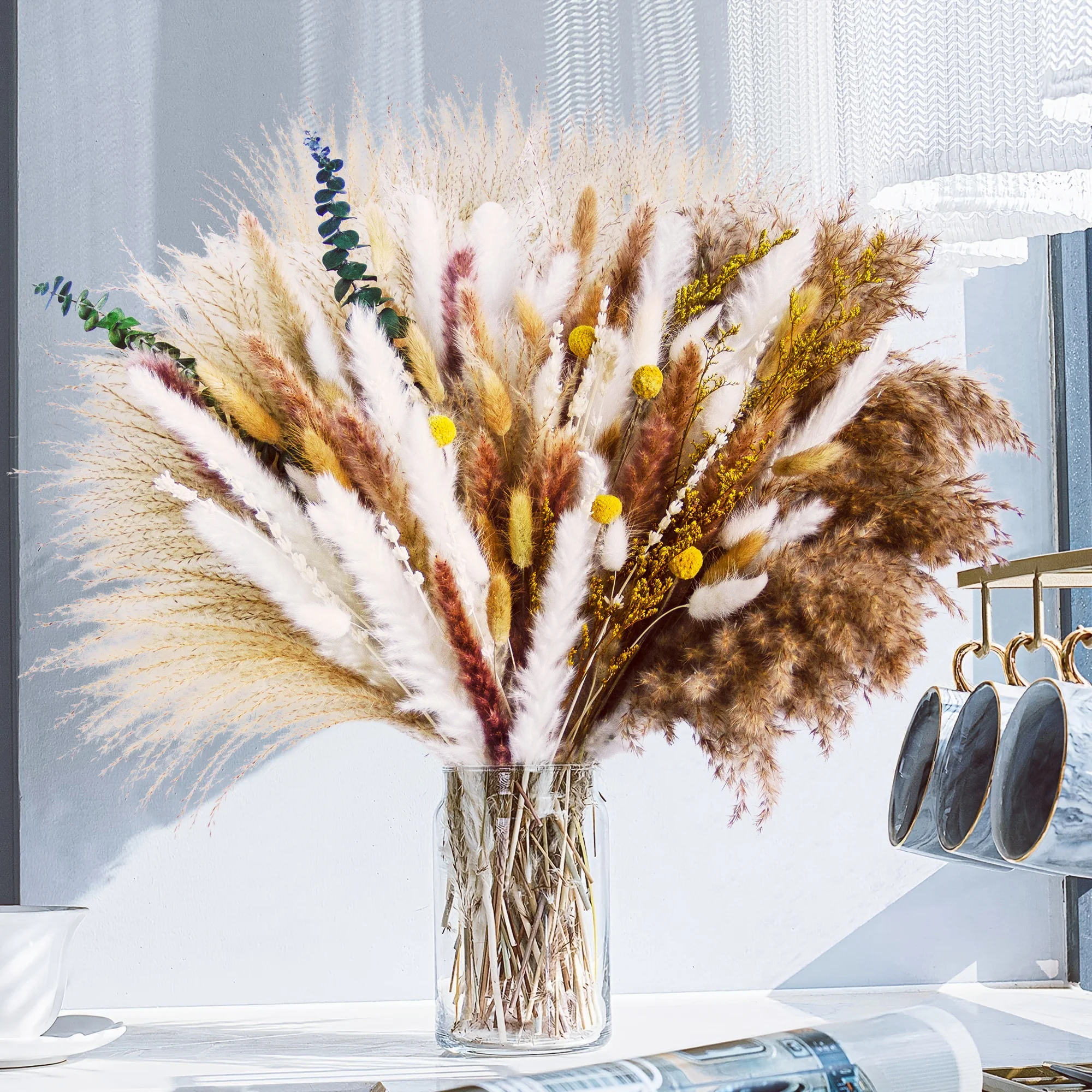 

Dried Flowers Pampas Phragmites Rabbit Tail Grass Bouquet for Boho Home Decor Eucalyptus Leaf Artifical Plant Wedding Decoration