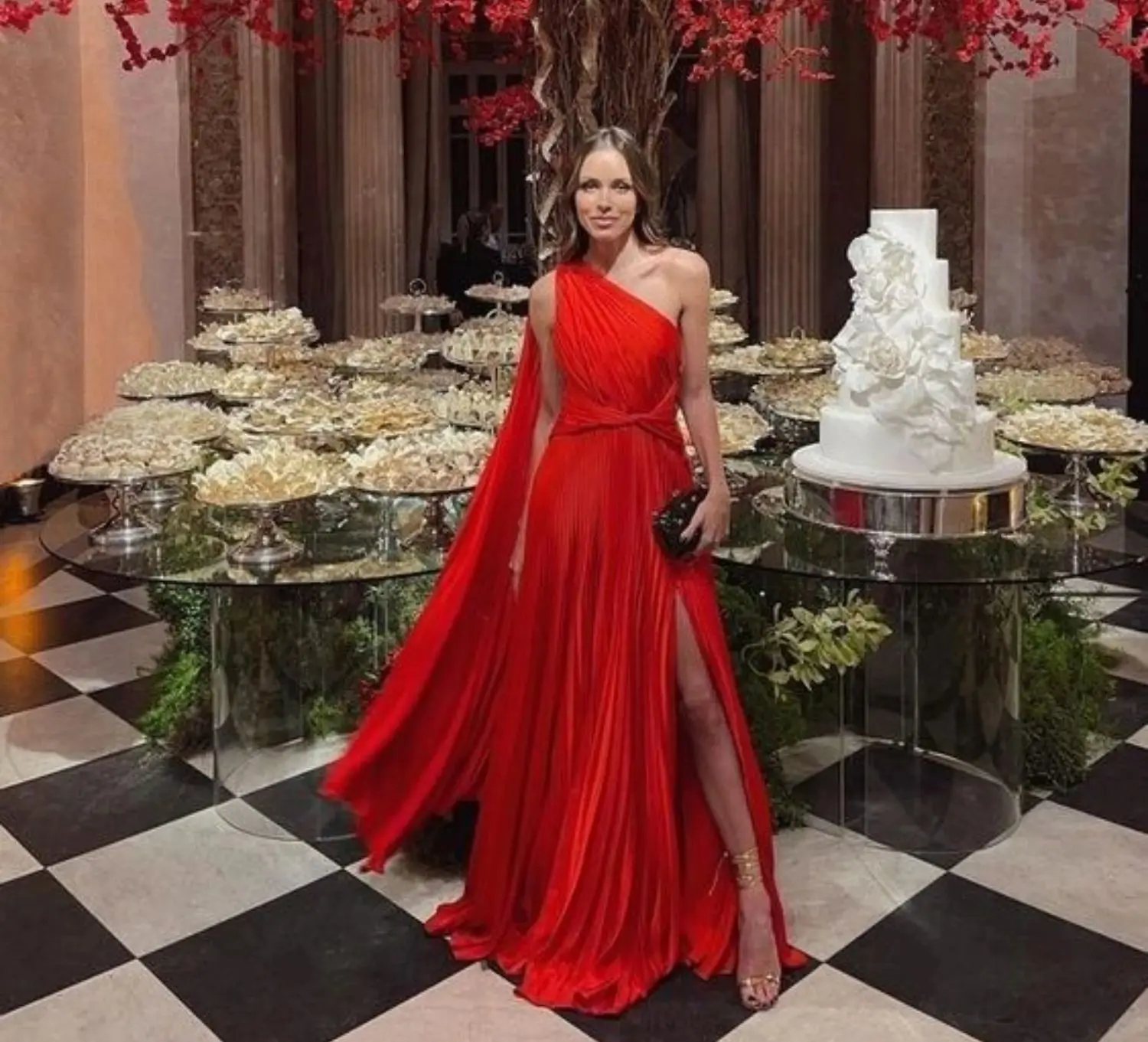 Vestidos de Noche elegantes con manga de un hombro para mujer, vestido de boda elegante de gasa para invitados, vestido de Gala rojo Es