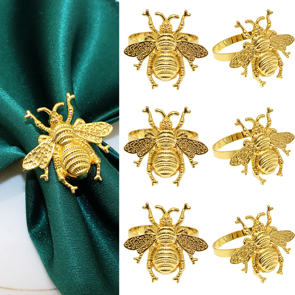 6Pcs Honey Bee Guardanapo Anéis Gold Beetle Guardanapo Buckle Titulares para Férias de Verão Casamento Aniversário Baby Shower Party Table Decor