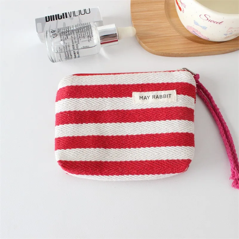 5pcs Makeup Bags Women Canvas Striped Pillow Shaped Light Protable Travel Coin Purses With Wrist