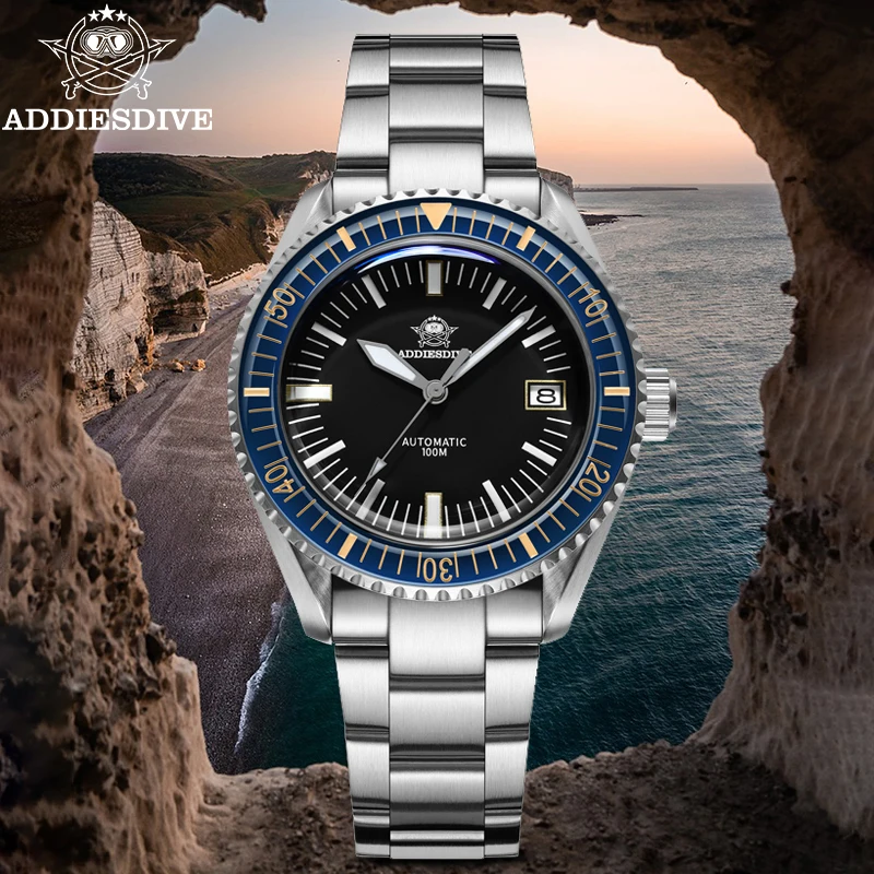 ADDIESDIVE Blue Dial Sapphire Glass Mens Watches Japan NH35 100m Diver Watch Mechanical Automatic Diver Wristwatch Clock