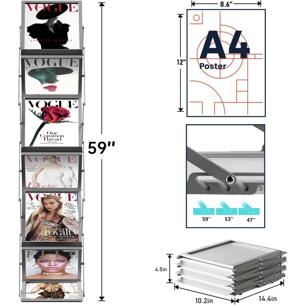 Folding Magazine Rack with 6 Pockets, Floor-Standing Exhibition Display Stand, Perfect for showcasing brochures, Magazines Racks