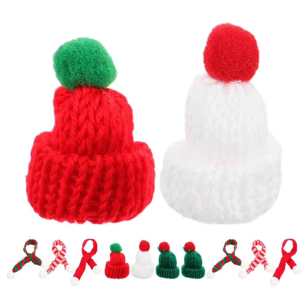 

12Pcs Mini Santa Hats with Scarves Set Knitted Holiday Ornaments for Christmas Tree Craft Projects Bottle Decor Yuletide Gifts