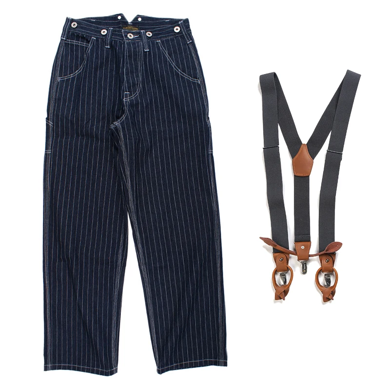 13.5oz Vertical Striped Denim Jeans for Men Vintage Wide Leg Loose Bib Pants 24SS Y2k Youth Male Suspender Overalls Junpsuits