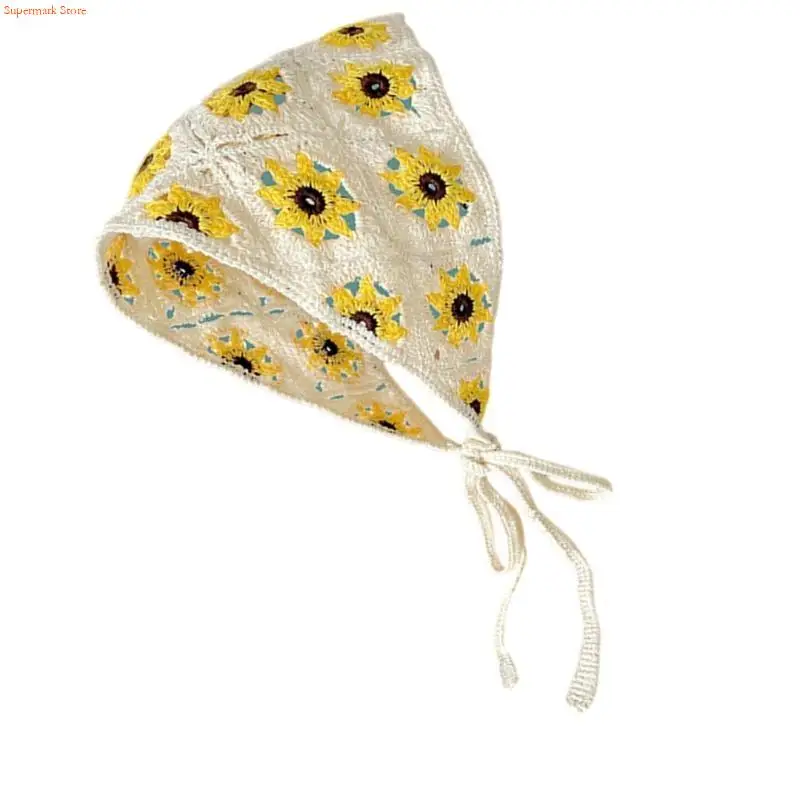 Q5WE Bohemian Crochet Flower Head Scarf Headbands Triangular Head Wrap Bandanas Headpiece Turban Hairband for Women Photography