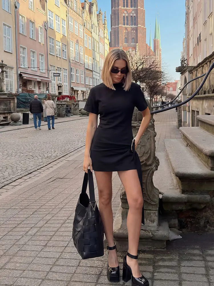 HH Elegantes Schwarzes Mini-Kleid für Damen Kurzarm O-Ausschnitt Schnürung Figurbetont Sommer Casual Abendkleid für Damen