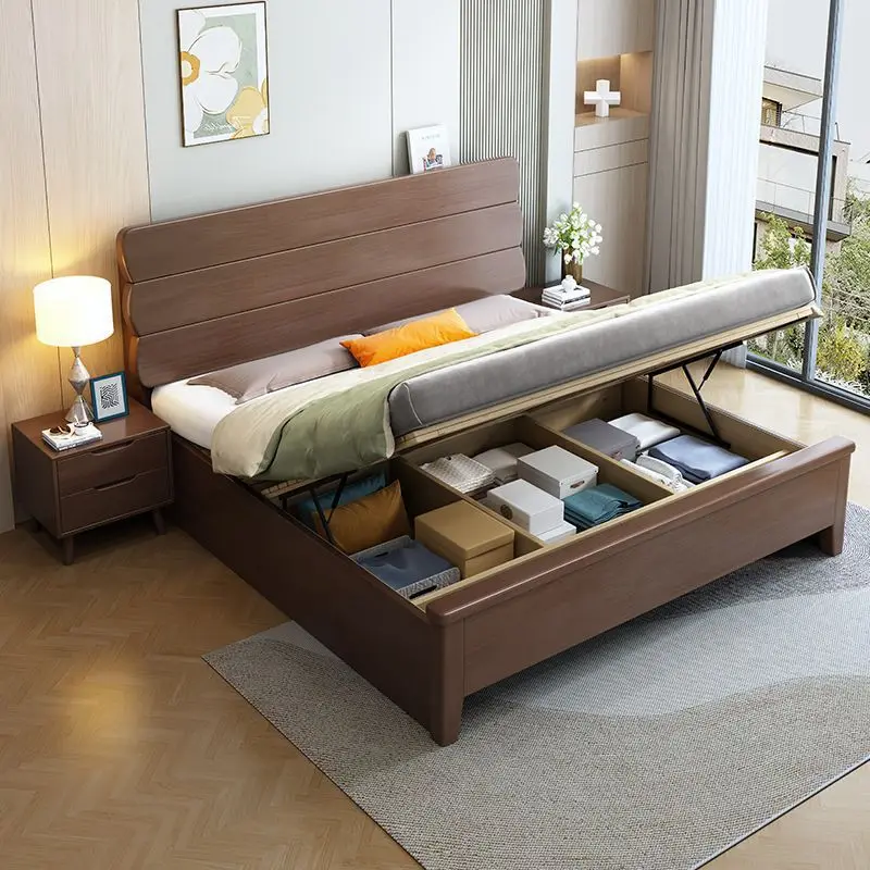 Nordic solid wood bed household double bed 1.8 meters master bedroomsmall apartment air pressure high box s