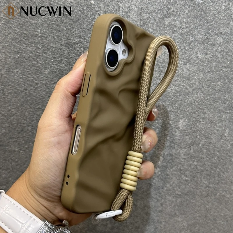 Matte Wrinkle Water Ripple Case For iPhone 16 14 13 12 11 15 Pro Max 16Plus Wrist Strap Hand Chain Soft Silicone Shockpoof Cover