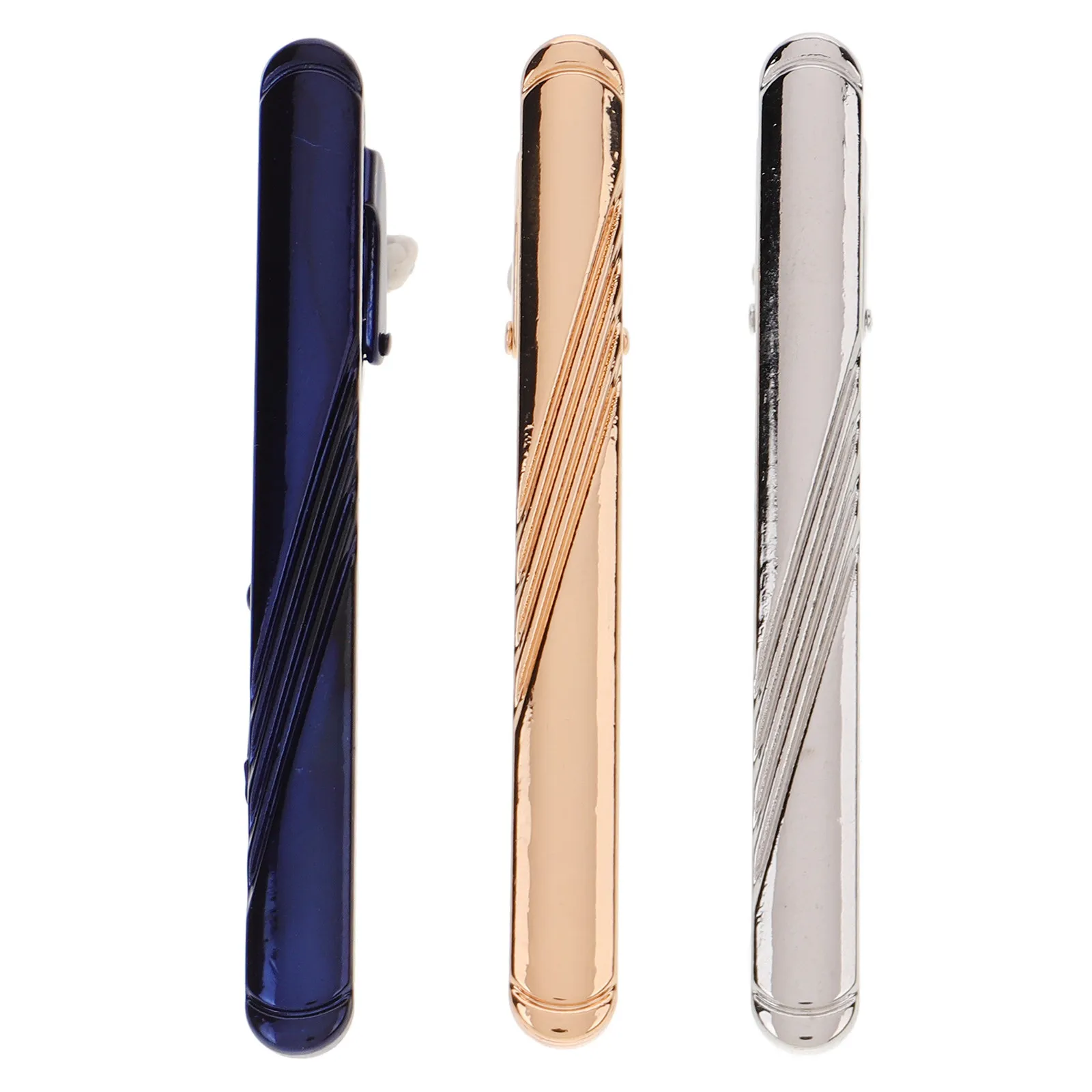 3Pcs Men's Clips Blue Yellow Silver Metal Striped Design Necktie Holder Business Formal Occasion Tie Clips