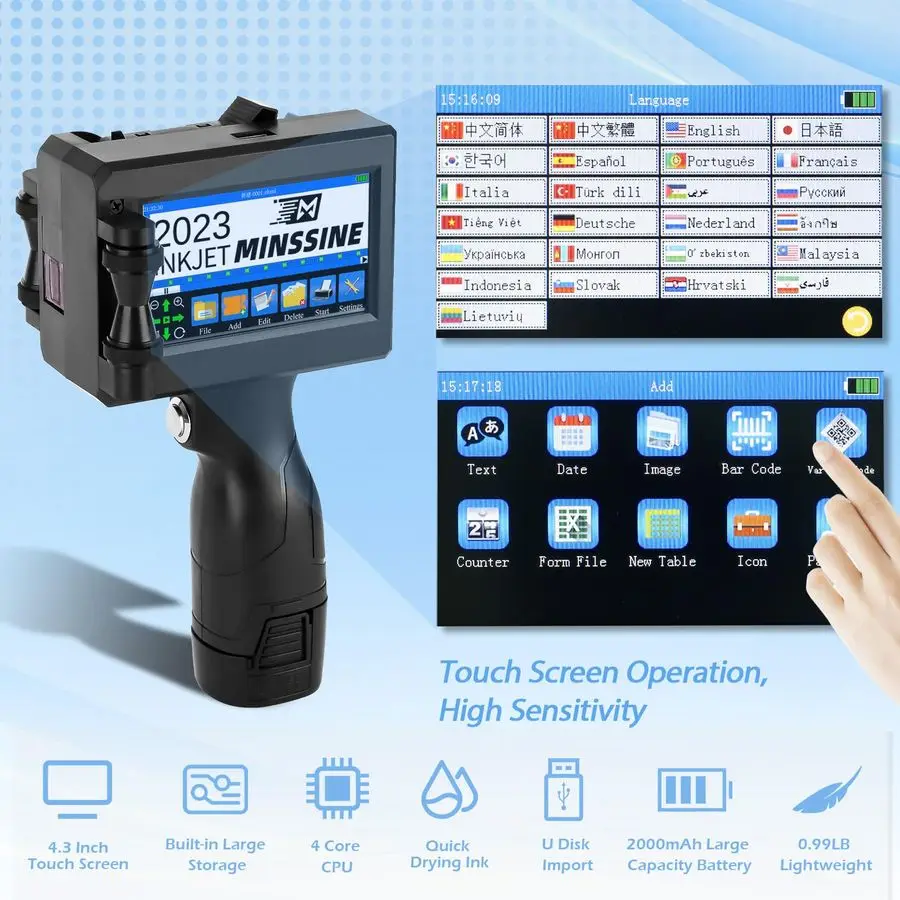 مسدس طابعة نافثة للحبر MSZ10 مع خرطوشة حبر سريعة الجفاف 42 مل طابعة محمولة محمولة لشعار الباركود النصي QRCode عداد Batc