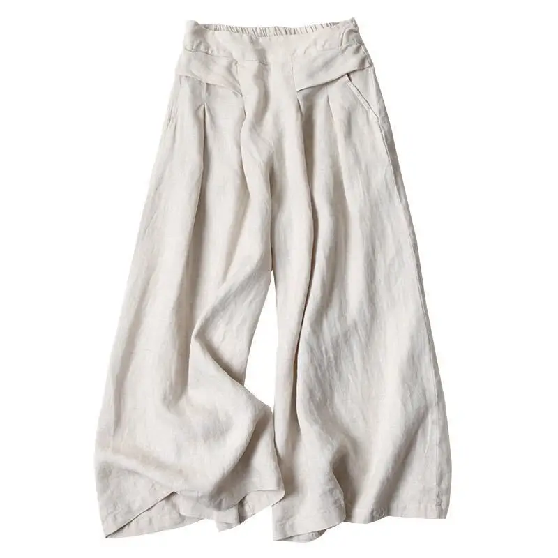 Nuovi pantaloni a gamba larga in cotone e lino da donna con tasche a vita alta pantaloni larghi comodi a gamba dritta pantaloni casual in tinta unita CQ15
