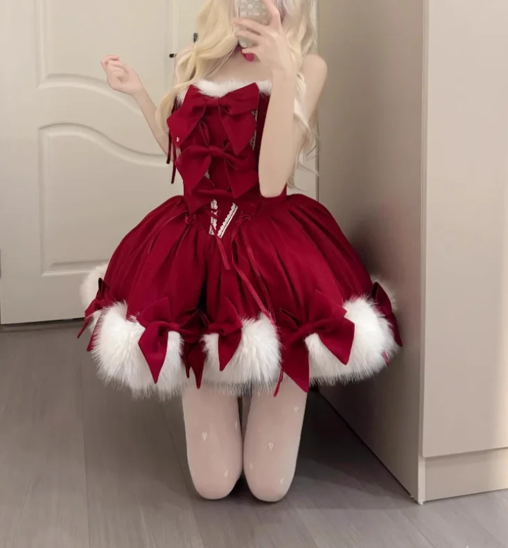 الشتاء سميكة لوليتا السنة الجديدة فستان عيد الميلاد الأحمر الحلو فتاة القوس شيك عالية الخصر ألف خط أنيقة فساتين حفلات الأميرة مجموعات