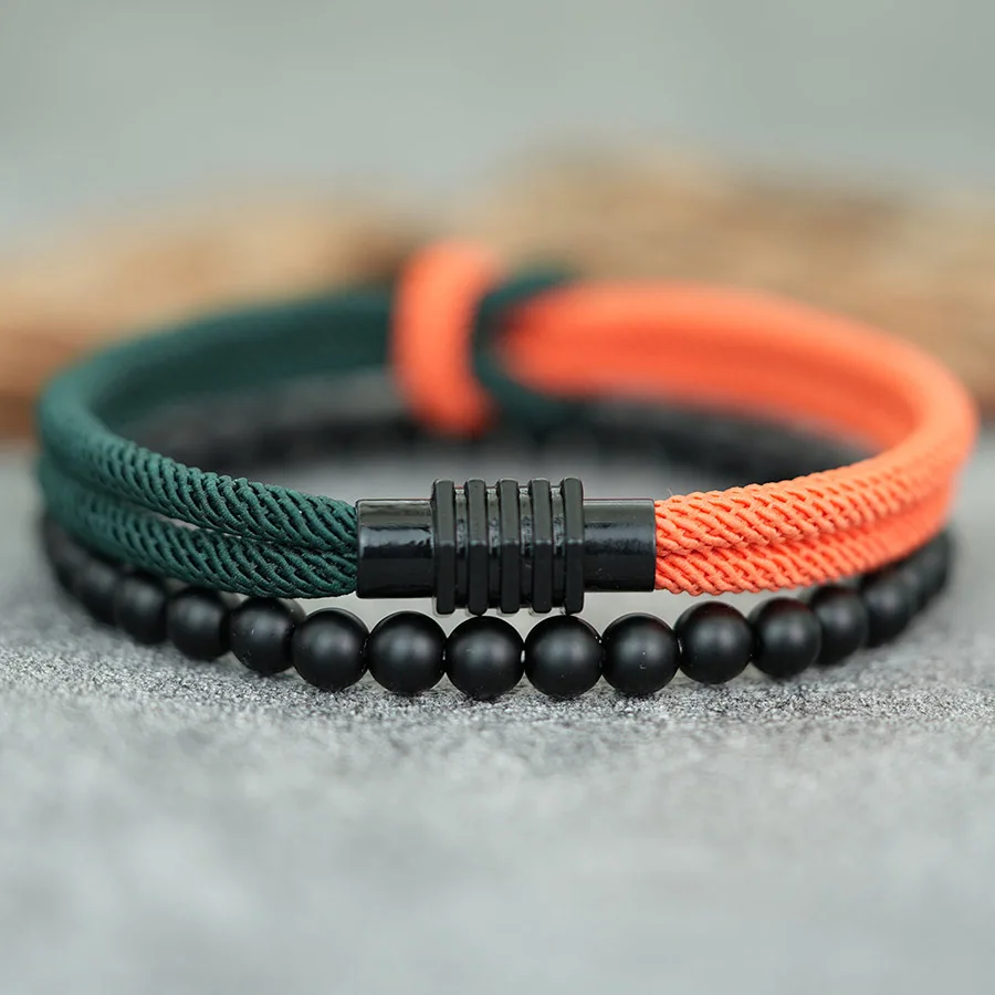 Magnetische Schnalle, verstellbares Knoten-Seil-Armband-Set für Männer, stilvolles 2-teiliges blau-gelbes Armband, Outdoor-Schmuck, Geschenk für Ihn
