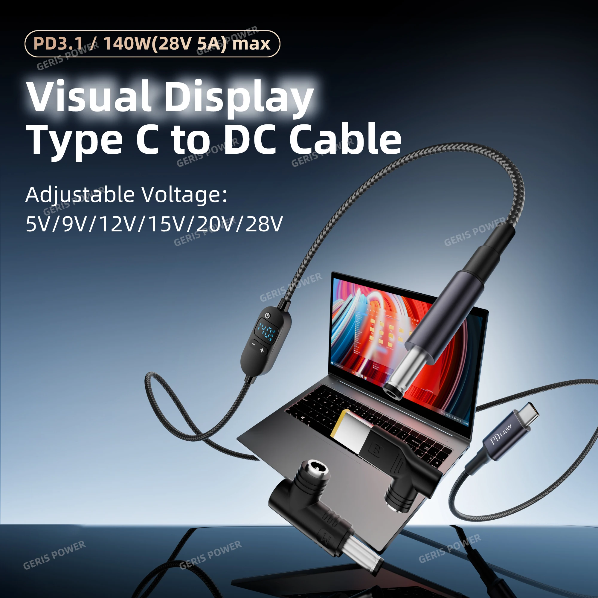 L​ED Display USB C PD to DC 140W Laptop Power Cable for Lenovo Dell Type C to 5.5X2.5mm 5V 9V 12V 20V Adjustable Voltage Adapter