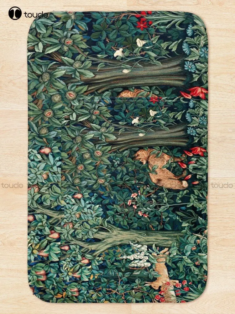 Greenery, Forest Animals Fox And Hares Blue Green Floral Tapestry Bath Mat Cartoon Bathmats