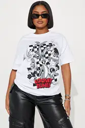 Women's fashionable cotton T-shirt, Looney Tunes Gang graphic white shirt, animal print shirt, vacation and festival T-shirt