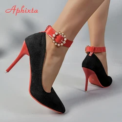 Aphixta Round Pearl Metal Belt Buckle 10cm Stiletto Heels Flock Pumps Women Banquet Shoes Strap Pimp Pointed Toe Big Size 35-50