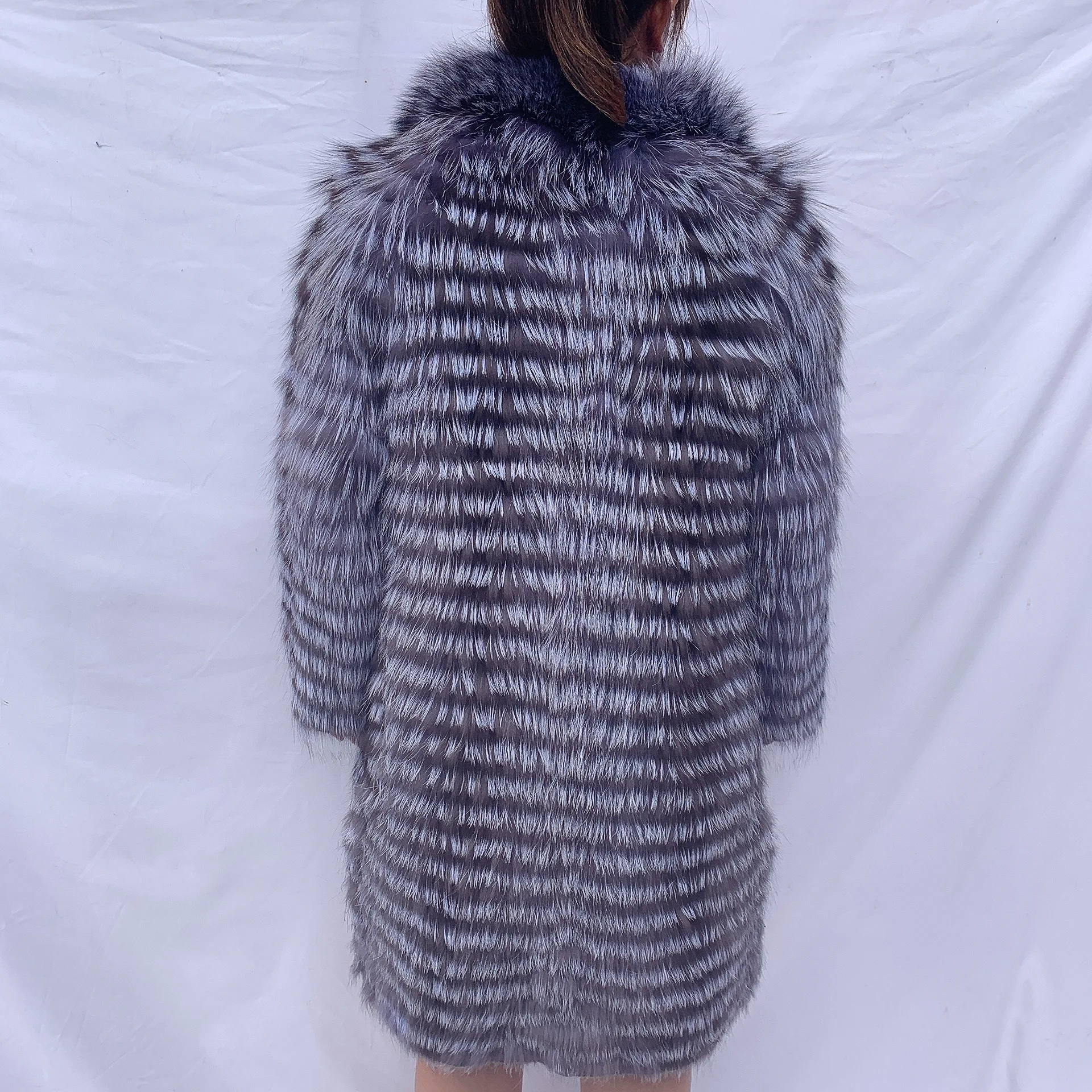 Natural silver fox fur knitted car strip fox fur coat green real fur knitted row strip fur coat stand-up collar fashion jacket