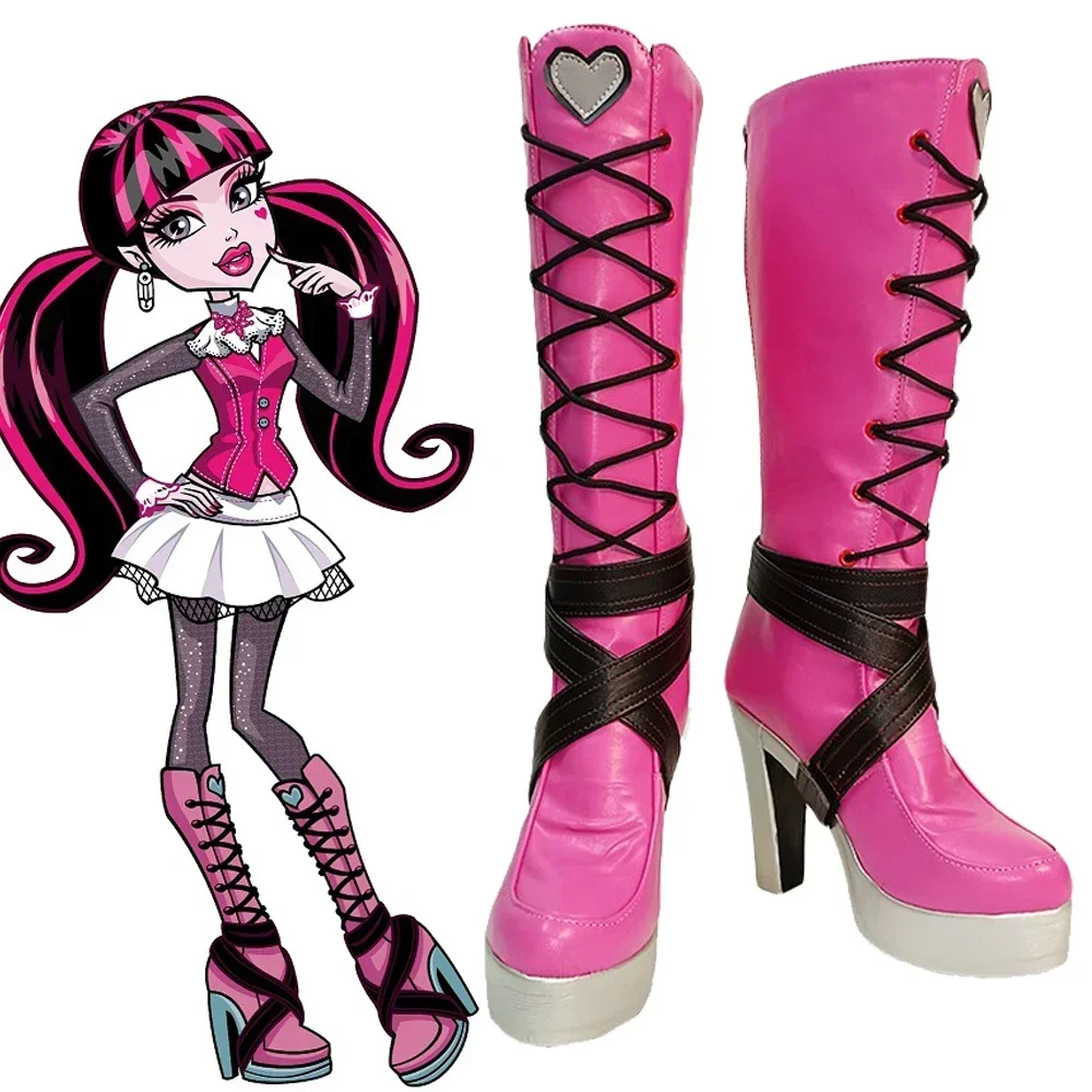 

New Anime Monster High Draculaura Cosplay Shoes Adult Women Girls Pink Long Boots Costume Props Accessories