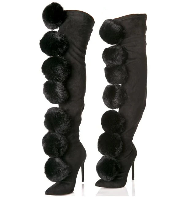 Sweet Pink Furball Botas Women Pom Pom Over The Knee Boots Stretch Suede Boots Sexy Pointy Toe Slip On Ladies High Heel Boots - view 6
