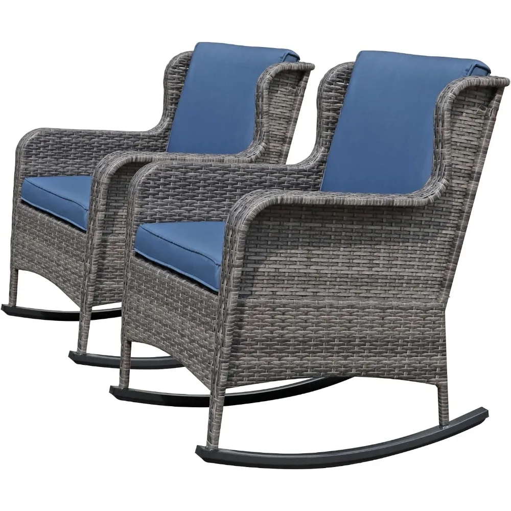 

Outdoor Resin Wicker Rocking Chair with Cushions, Patio Yard Furniture Club Rocker Chair, Gray Wicker & Navy Cushions,Set of 2