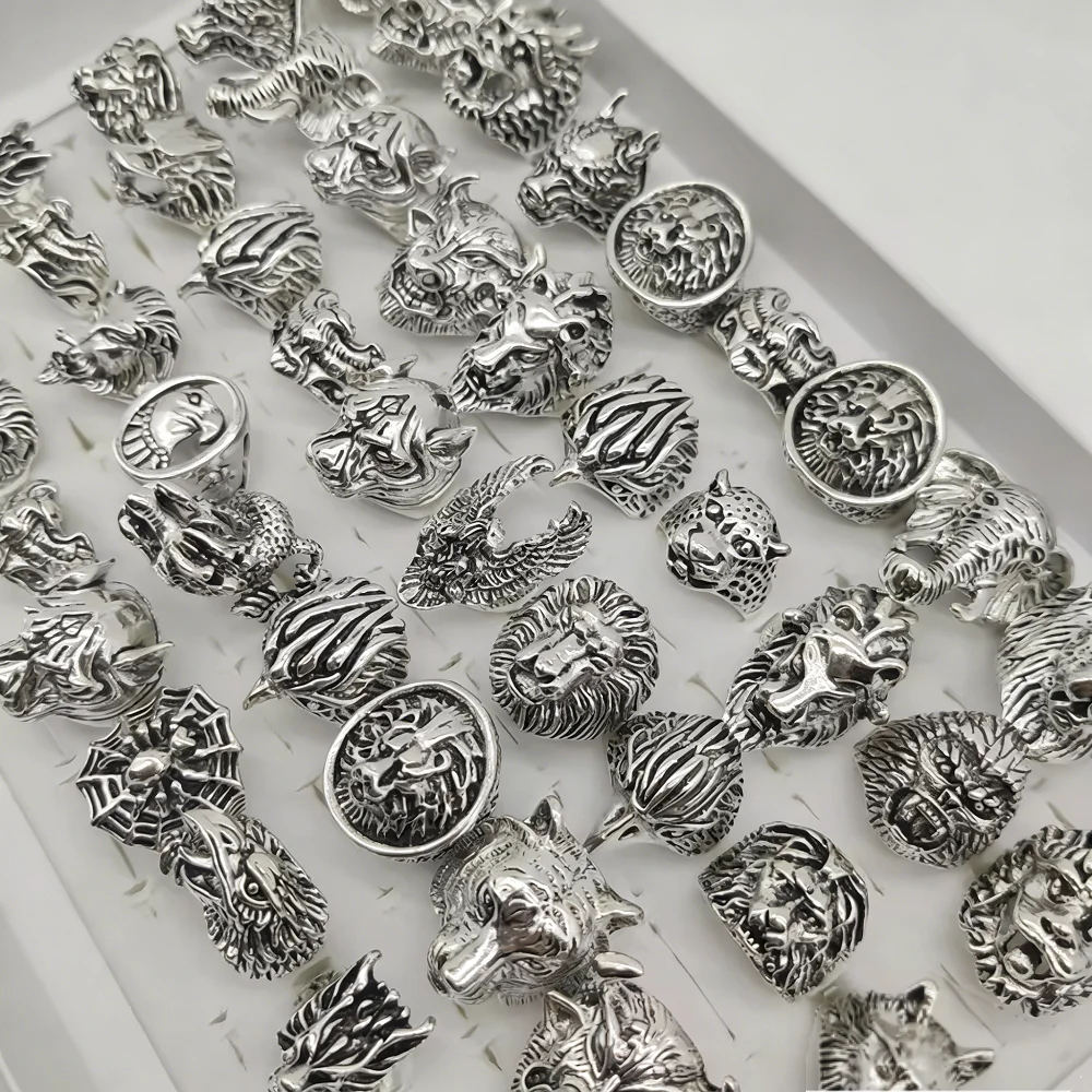  10/20/30/50Pieces Vintage Punk Animal Rings Set For Women Men Mix Style Retro Gothic Hip Hop Lion Elephant Jewelry Party Gifts