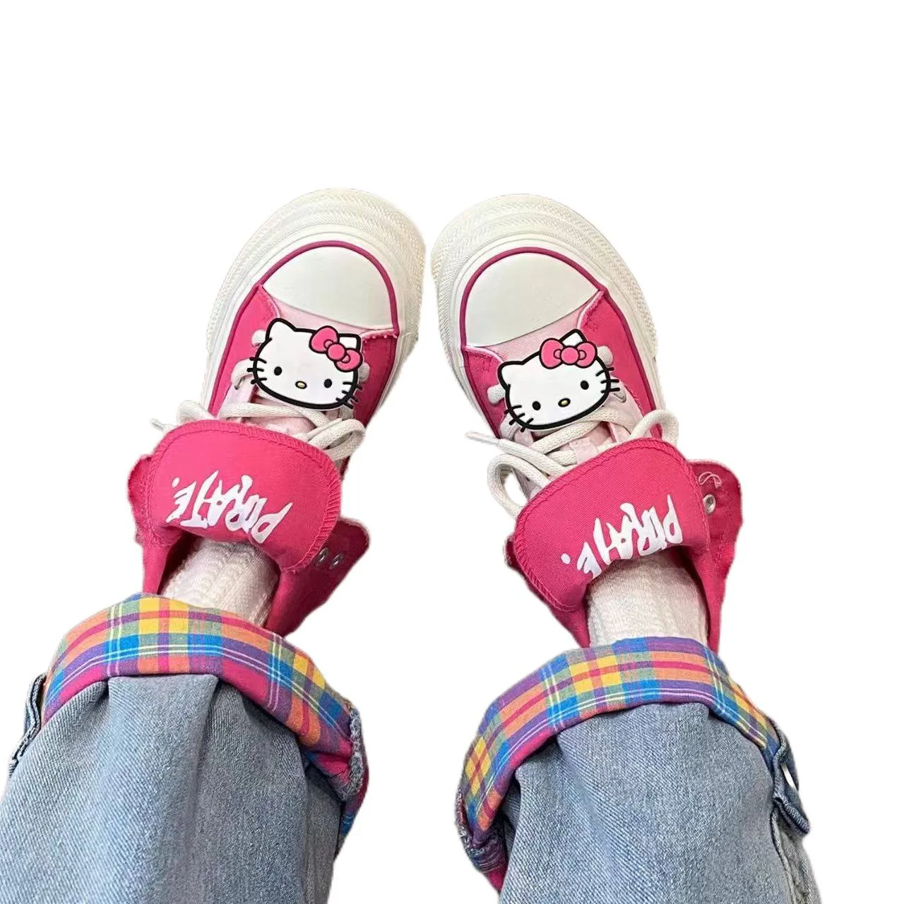 

Женские высокие кеды Hello Kitty 2026: красочные повседневные кроссовки на платформе, универсальные слипоны 2-в-1 для девочек